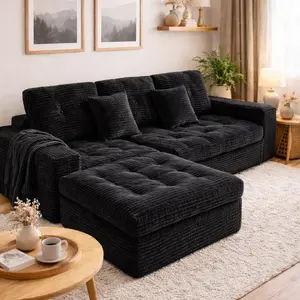 105" Modular Cloud Sofa Set, DIY Sectional with Ottoman, Pure Foam, Faux Rabbit Fur Velvet, Comfortable Living Room Couch, Black/Cream White/Blue Gray