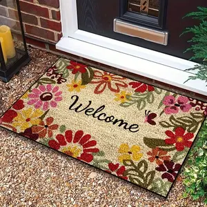 Welcome Outdoor Mat Featuring a Multicolored Floral Pattern,  Non-Slip, Perfect for Home Decor, Suitable for Kitchen, Dining Room, Hallway