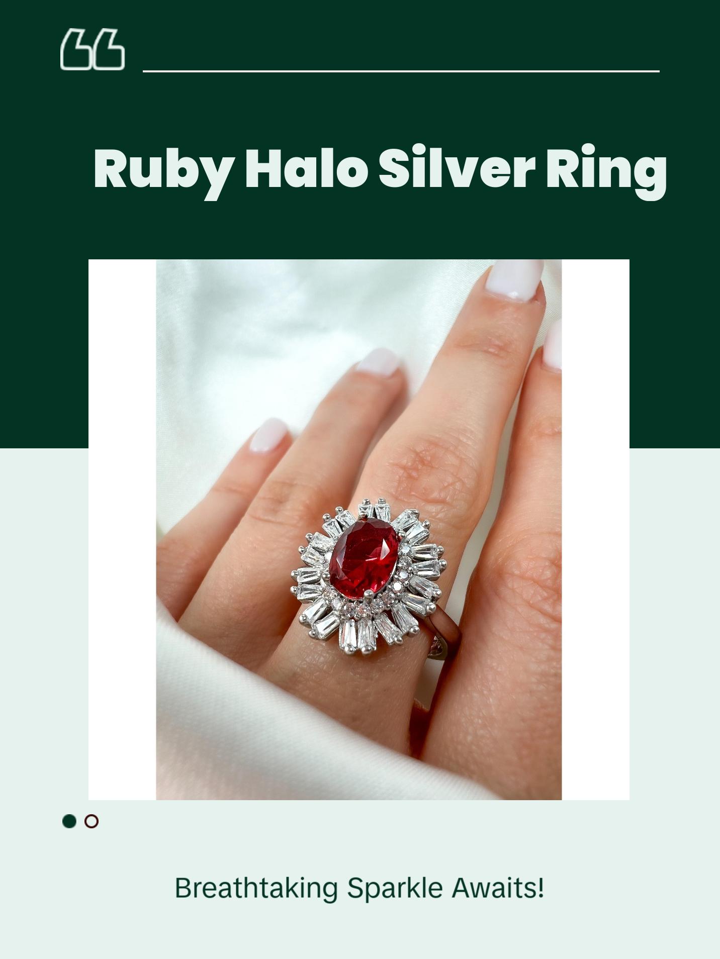 Oval Cut Ruby Halo Sterling Silver Ring, size 8.5