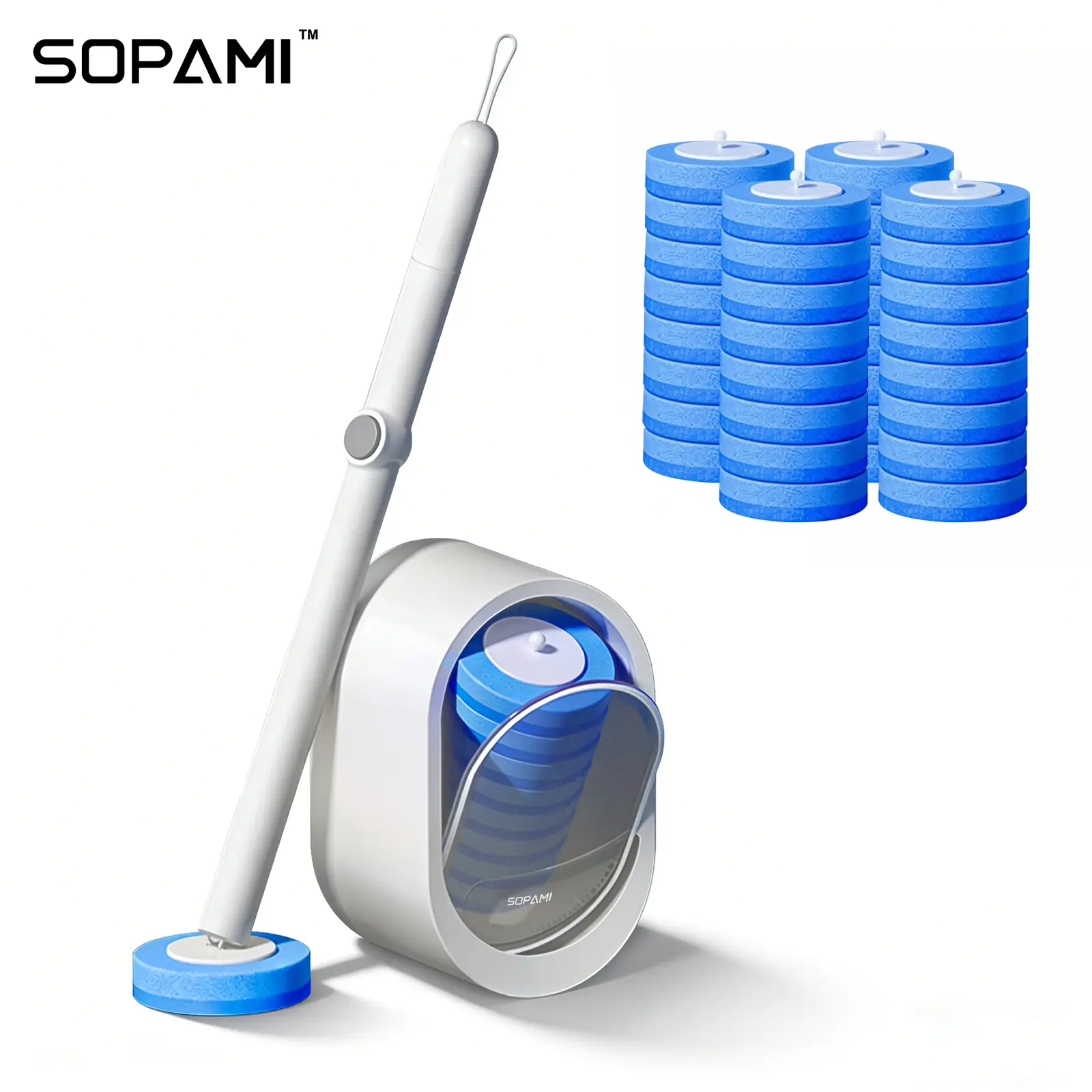 SOPAMI Wall Mount Disposable Toilet Brush Kit with 16/32 Replaceable Brush Heads Rotating Universal Brush Head All Round Deep Clean Toilet Bowl Gap Odor Reducing Mess-Free Small Bathroom Supply
