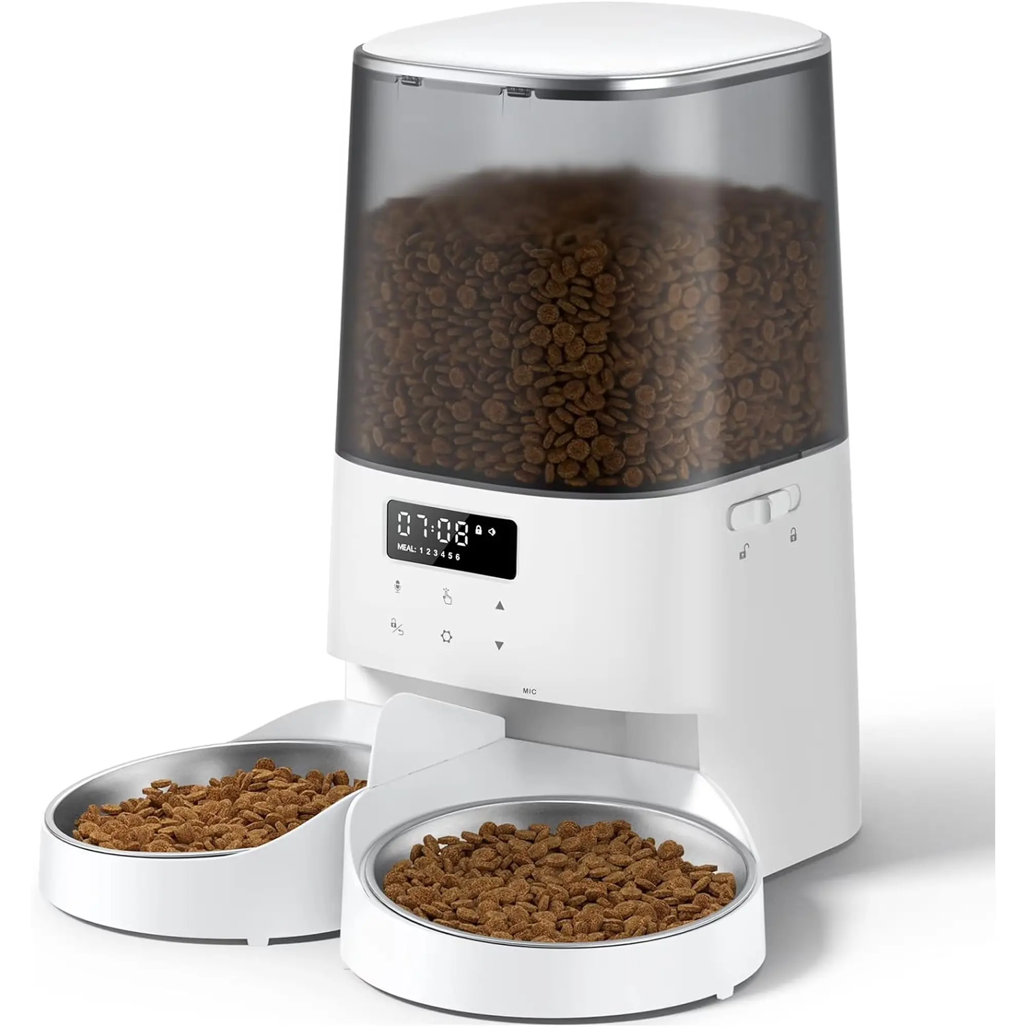 Automatic Double-Bowl Timed Dog & Cat Feeder, 5L/21 Cups Capacity, 48 Portions, 6 Daily Meals, Memory Function, 10s Pet Call Feature for Small Dogs & Cats