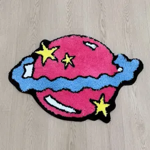 Cartoon Planet Tufted Rug, Pink & Blue Starry Design Soft Plush Floor Mat, Non-Slip Washable Entryway Carpet for Kids Bedroom, Fun Space Themed Home Decor