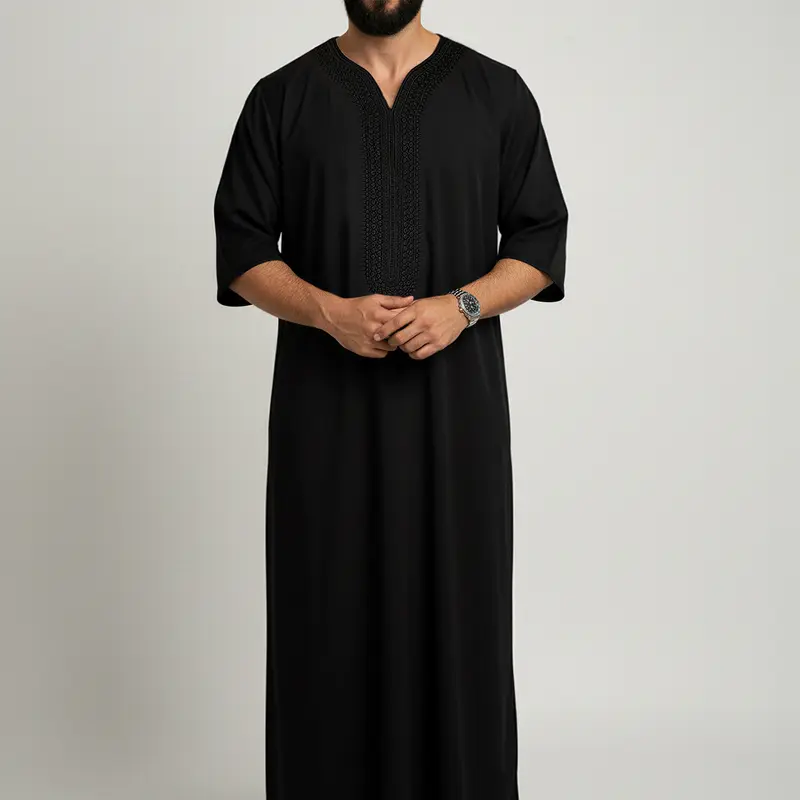 Men’s Embroidered Moroccan Thobe, Black 3/4 Sleeve Robe with V-Neck & Side Pockets, Traditional Muslim Wear for Daily & Special Occasions