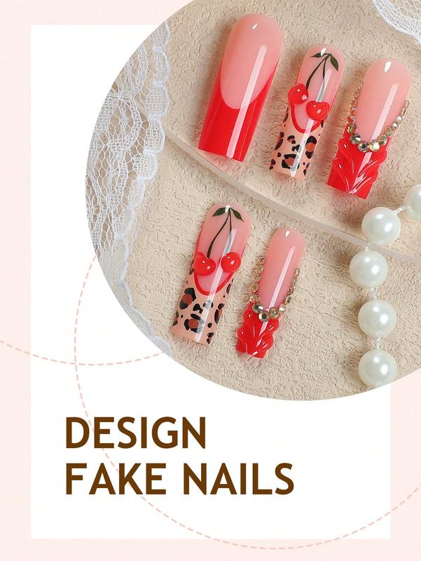 24-Piece 3D French Manicure False Nail Set with Leopard Print, Red Bows & Rhinestone Designs