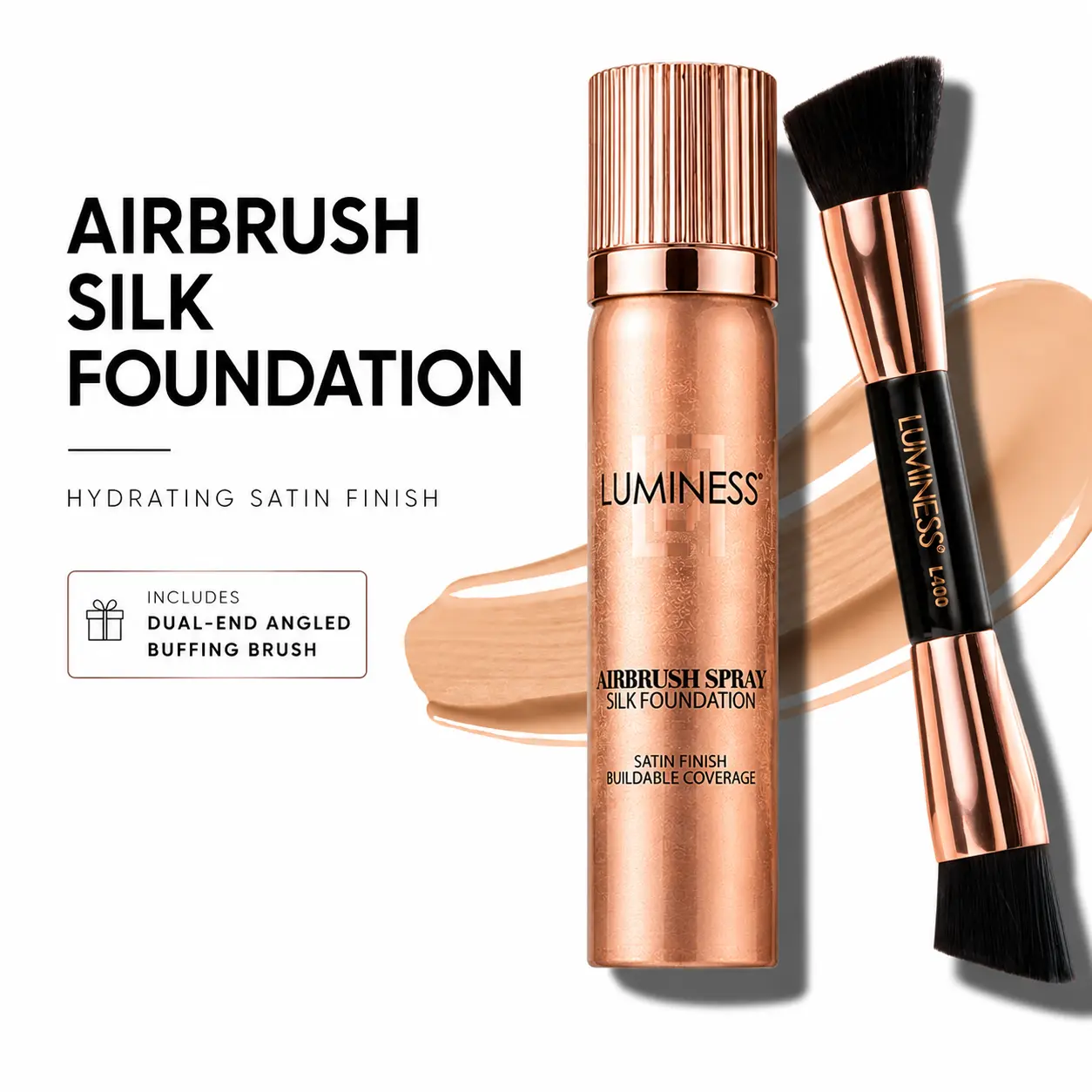 LUMINESS 2-PC Silk Airbrush Spray Foundation & Makeup Brush Set for Adults - 30ml Anti-Aging, Hydrating Formula with Xanthan Gum, Smoothing, Buildable Coverage, Even Skin Tone, Infinite Glow, Flawless Base, Glowing Natural Look
