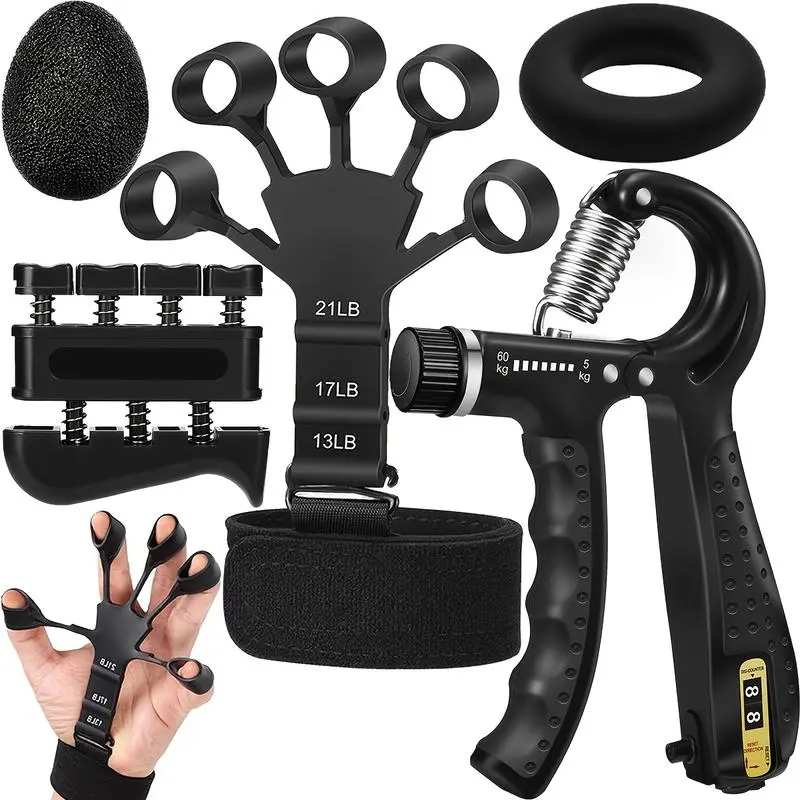 5-Pack Hand Grip Strength Trainer Kit - Adjustable Resistance Gripper with Ergonomic Handle, Automatic Counter, Portable Design, Finger Extension Exerciser, Stress Relief Ball, Forearm Ring for Martial Artists, Musicians (Injury Recovery)