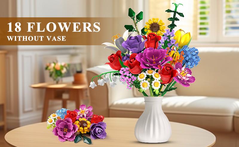 Flower Bouquet Building Set, 18 Roses & Botanical Collection, 1015 PCS Building Blocks, Home Decor Gift for Her, Adults, Women, Kids 6-12+