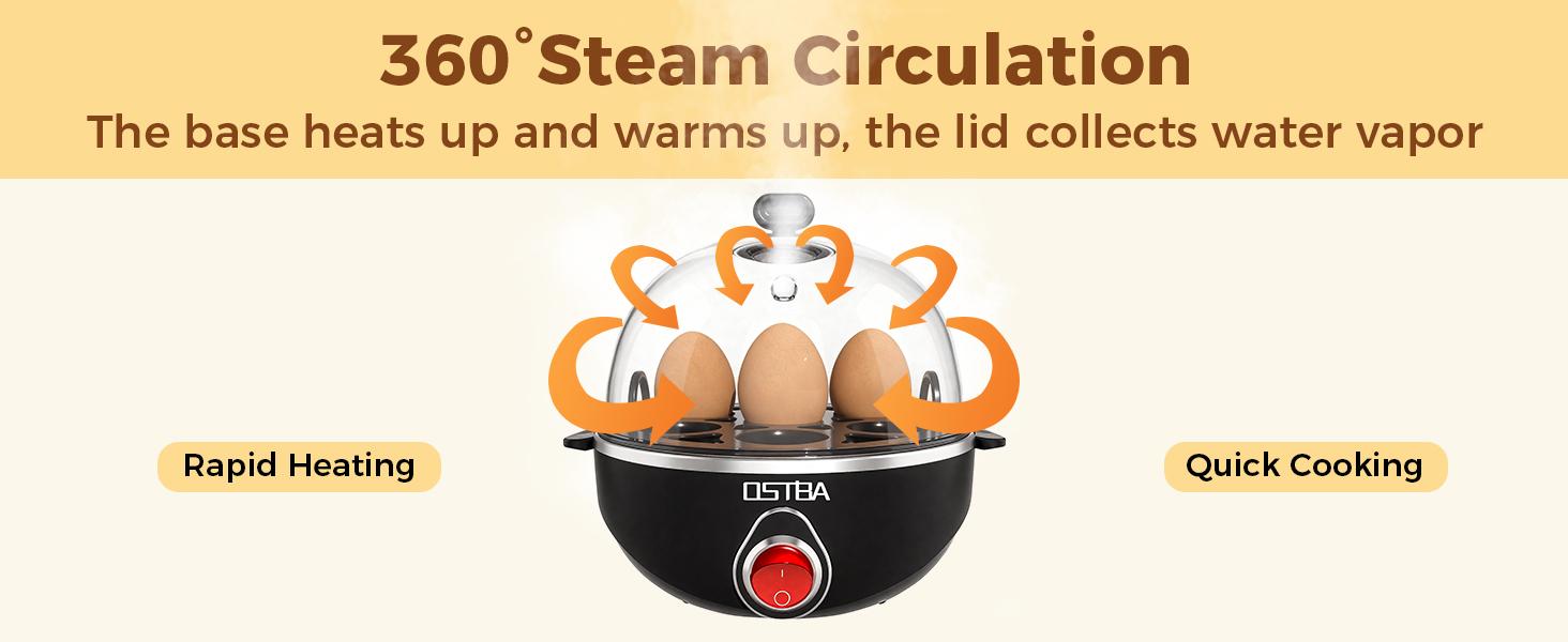 OSTBA Egg Cooker, 7-Egg Electric Boiler with Manual Switch, Overheat Protection, Mini Food Steamer for Soft, Medium & Hard Eggs, Easy to Clean, Portable, Black
