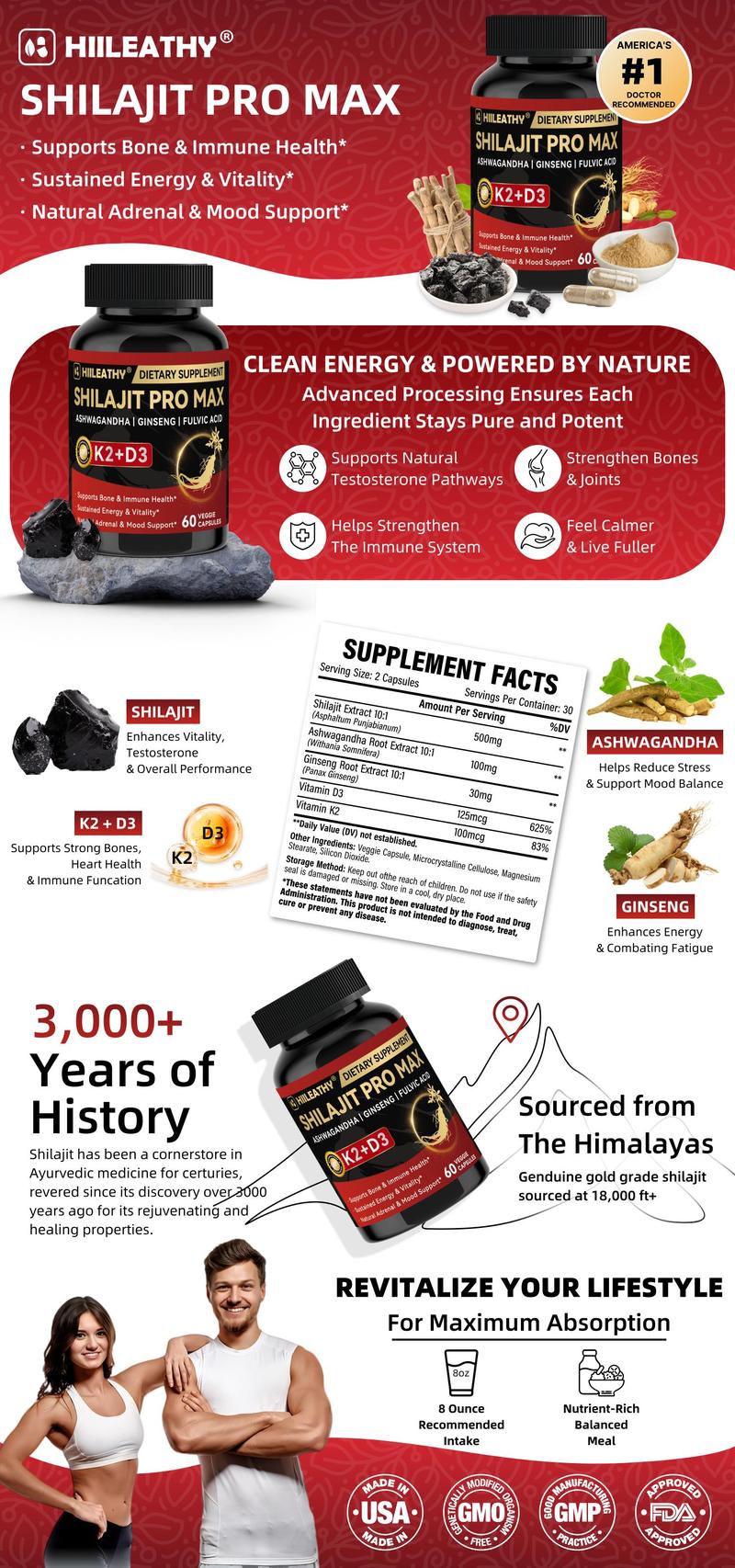 HIILEATHY Shilajit for Active Lifestyles – with K2+D3, Fulvic Acid & Electrolytes | Energy, Muscle Recovery & Joint Support – 60 Caps