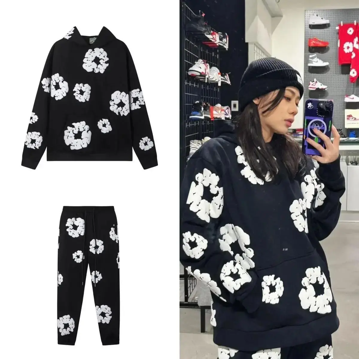 Top Quality New Men's Women's Same Kapok Foam Printing Hooded Long-sleeved Sweater Loose Fleece Sweatpants Set