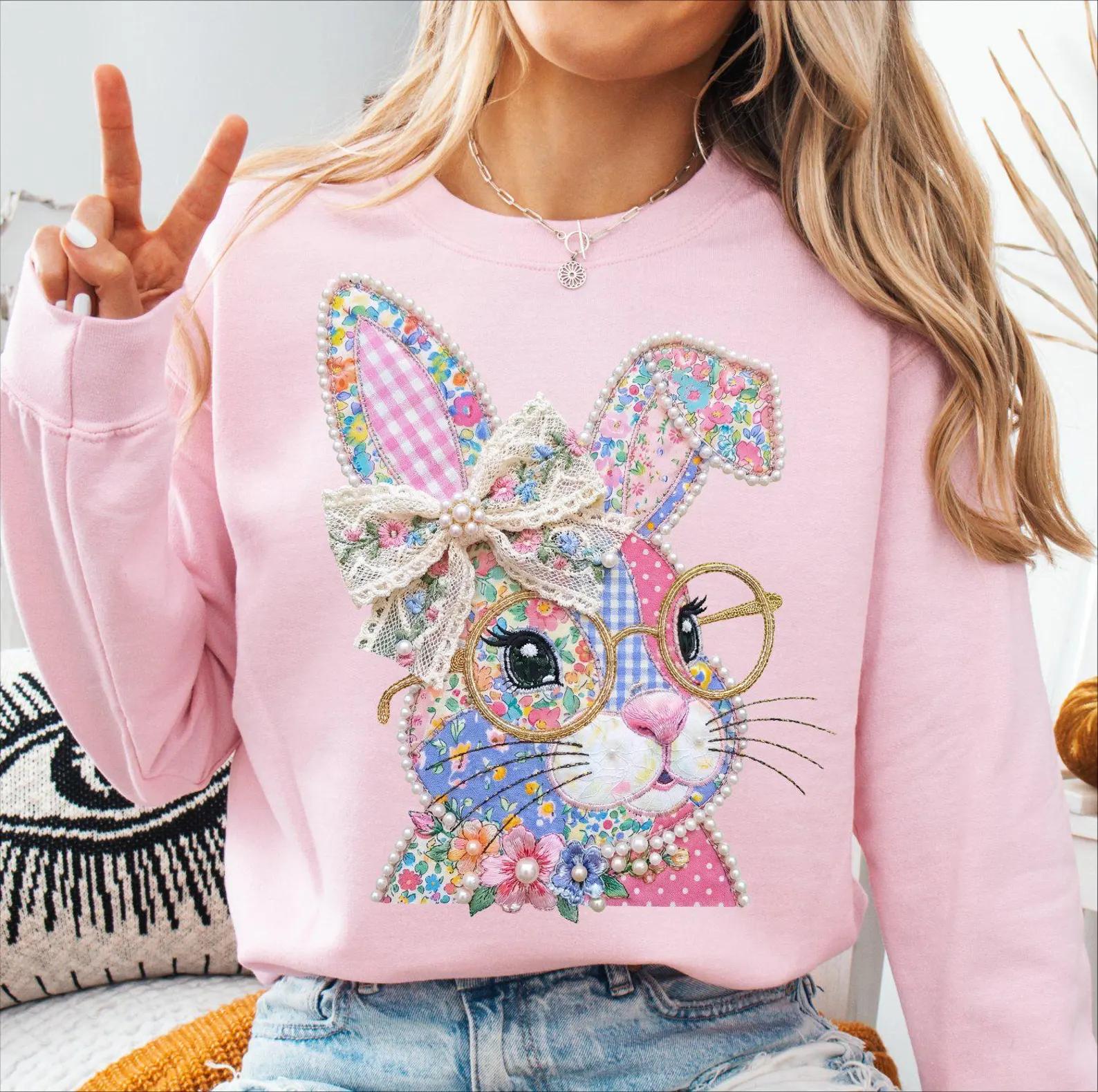 Patchwork Bunny Sweatshirt T-Shirt, Easter Bunny Shirt, Happy Easter, Cute Bunny Graphic Crew Neck, Easter Day Gift