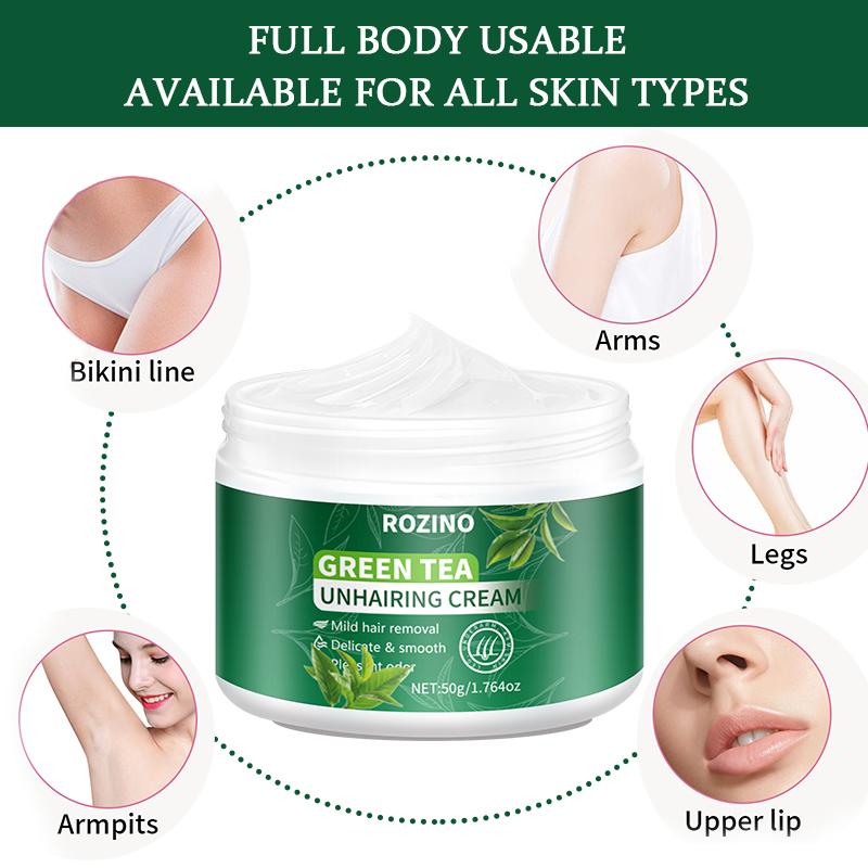 ROZINO Green Tea Unhairing Cream - Painless Gentle Hair Removal for Body Face Bikini Lines & Sensitive Skin - Removes Short Thick Hair - Natural Formula 50g