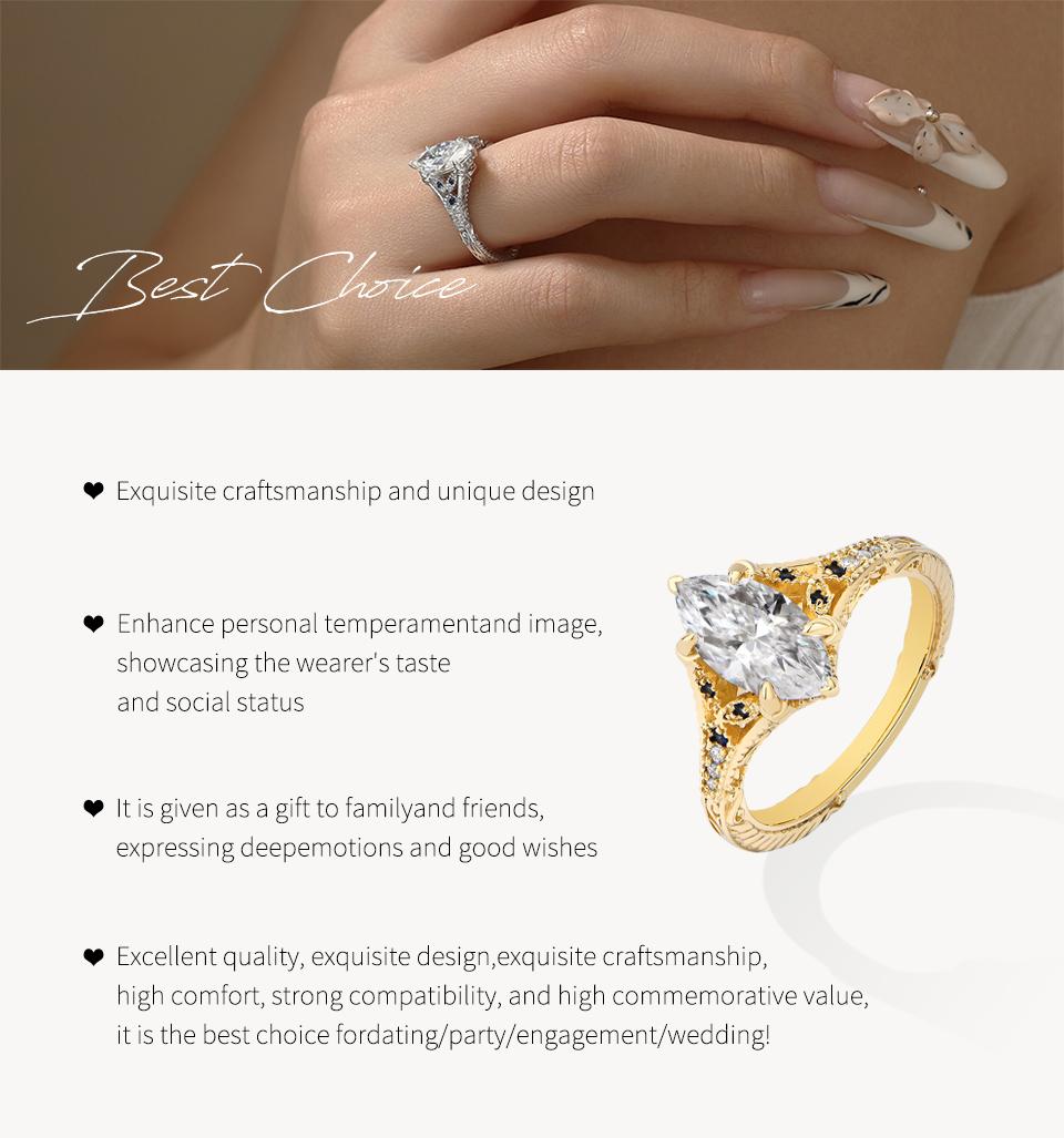 ATTAGEMS VVS1 Color Marquise Cut 2CT Lab-Created Moissanite Ring for Women 18k Gold Plated 925 Silver Engagement Wedding Luxury Rings Gift for Her Jewelry R326 SpringStatements
