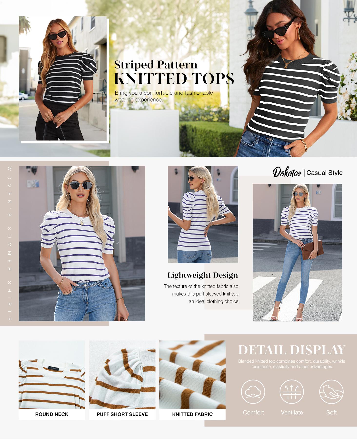 Dokotoo Women's Short Puff Sleeve Knit Tops 2026 Trendy Crewneck Striped T Shirts Casual Summer Blouses Dokotoo Women's Short Puff Sleeve Knit Tops 2026 Trendy Crewneck Striped T Shirts Casual Summer Blouses