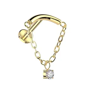 Internally Threaded Curved Bar with CZ Crystal Center Dangling Chain Flat Back Stud - ASTM F-136 Implant Grade Titanium