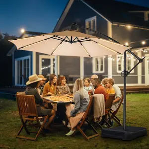 【UV-Resistant Fabric】10ft Solar LED Offset Hanging Outdoor Market Cantilever Patio Umbrella - w/Light and Base, LED Lighted Offset Hanging Patio Outdoor Market Umbrella UPF50+ UV Protection with Easy Tilt and Crank, Adjustable, Sunshade Canopy