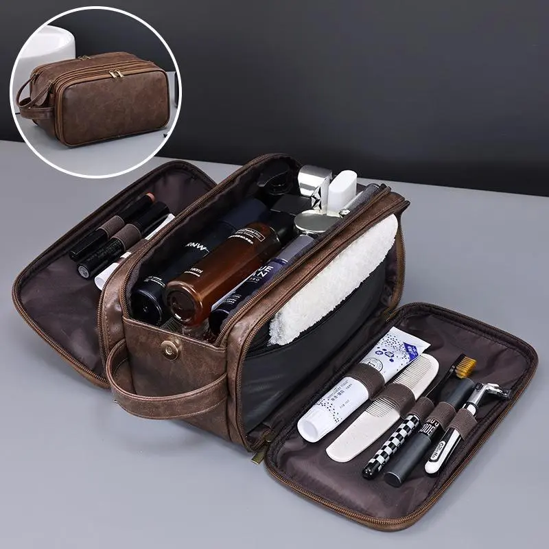 Men's PU Leather Water-Resistant Travel Toiletry Bag with Handles, Dopp Kit for Travel & Grooming, Hygiene Organizer for Bathroom Shaving & Cosmetic Storage Essentials, Travel Toiletry Bags
