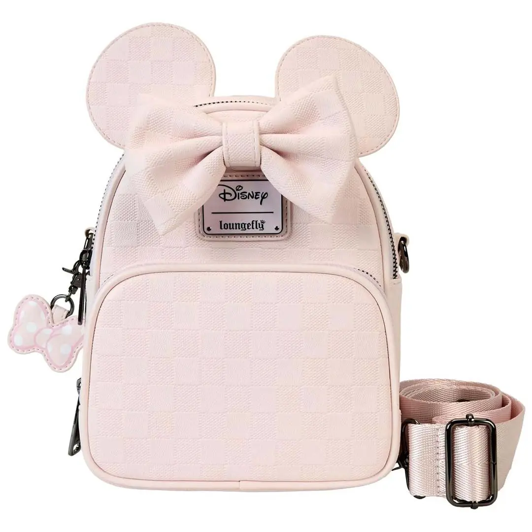 Loungefly Disney Minnie Mouse Checkered Faux Leather Convertible Backpack Purse, Crossbody Bag with 3D Bow, Convertable Backpack Purse