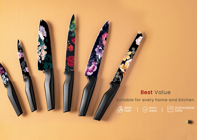 Astercook 12-Piece Flower Kitchen Knife Set with Blade Guards, Dishwasher Safe, German High Carbon Stainless Steel Block, Springtok Multicolor Cutting