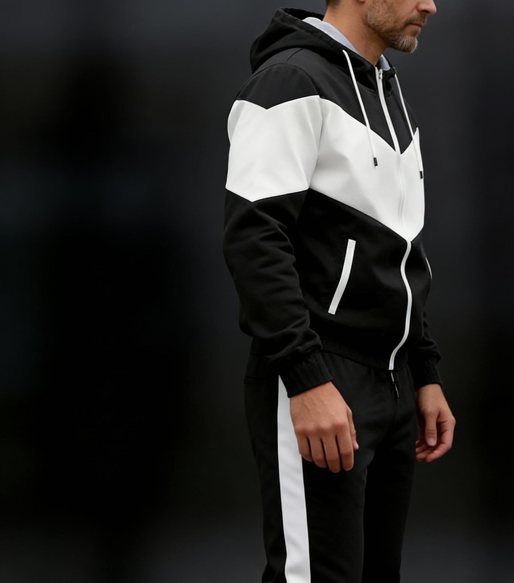 Stylish Contrast Color Block Tracksuit for Men Full Zip Hooded 2-Piece Casual Sportswear for Daily Leisure Activities Blue & White Stylish Contrast Color Block Tracksuit for Men Full Zip Hooded 2-Piece Casual Sportswear for Daily Leisure Activities Blue & White