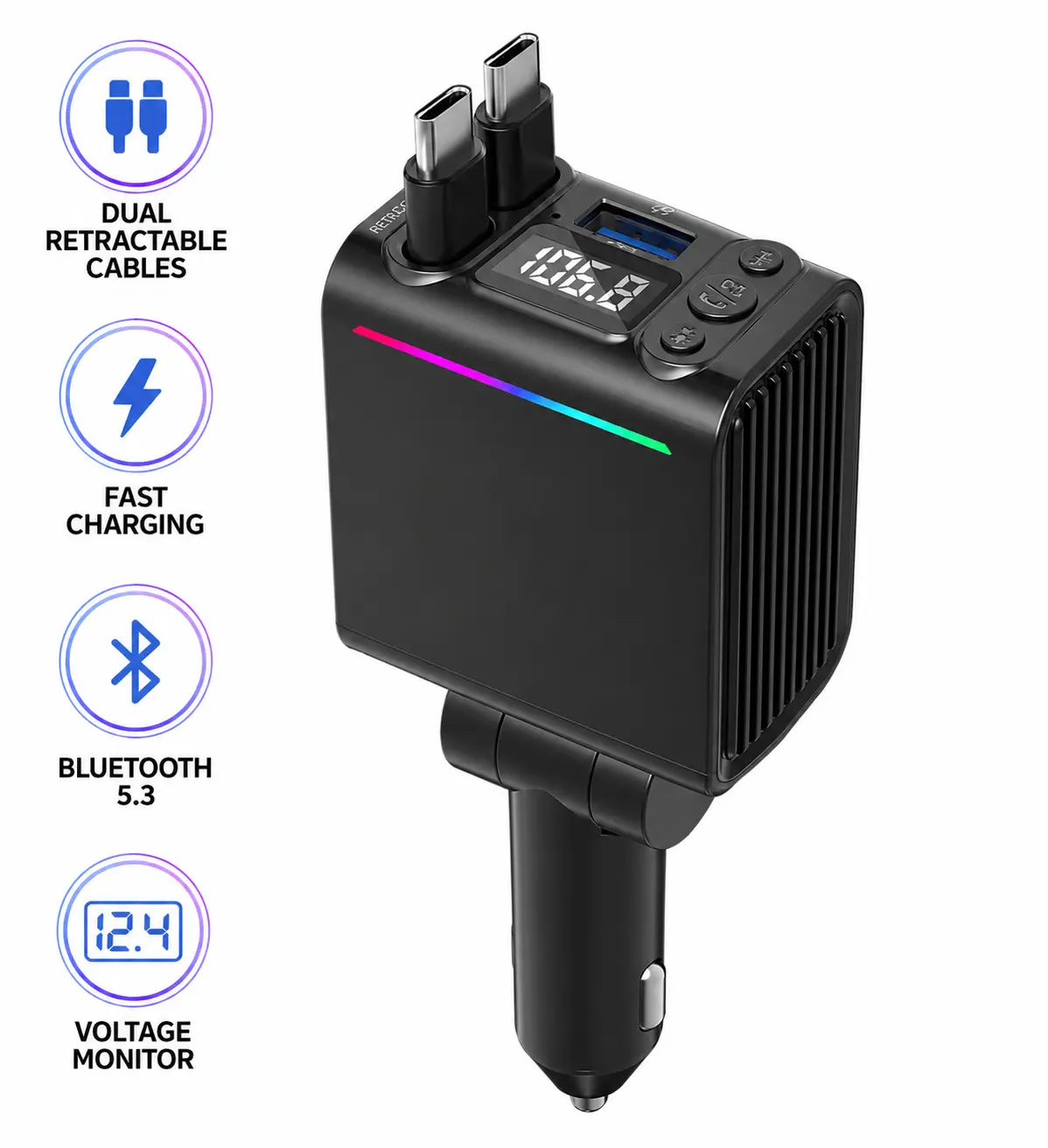 Retractable Car Charger  Bluetooth 5.3 Car Adapter Charger  Fast Charging Wireless Radio FM Transmitter with Deep Bass Player Hands-Free CallingSupport USB Drive Multifunctional, Bluetooth Car Adapter, Car-Mounted Portable Adapters