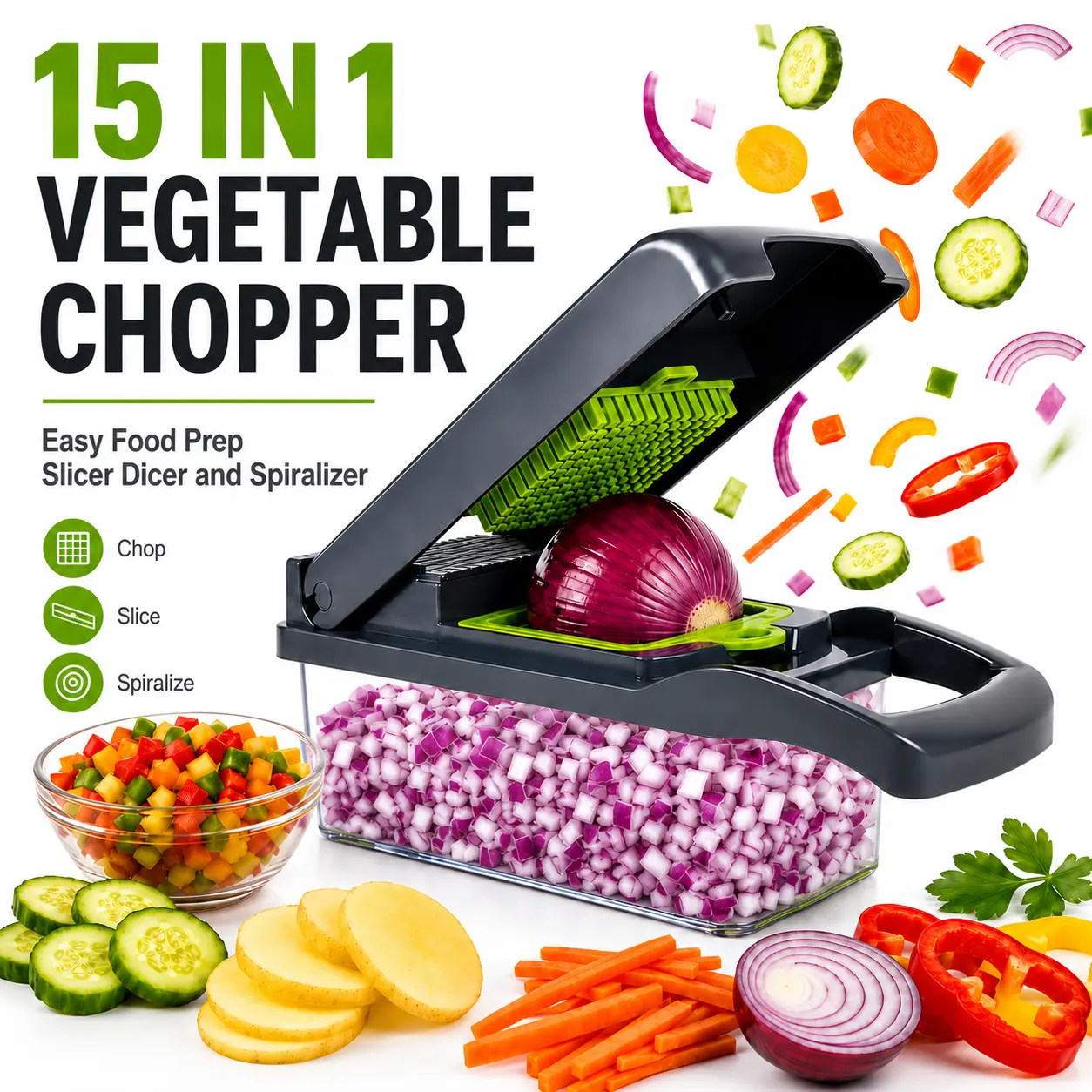 MIUVA 15-in-1 Multifunctional Kitchen Slicer - Easy Dicer Chopper, Spiralizer, Vegetable Shredder, Mandoline, Fruit Prep Tool with Meal Prep Container & 7 Blades, Green Gadget for Chopping Salads, Salsa