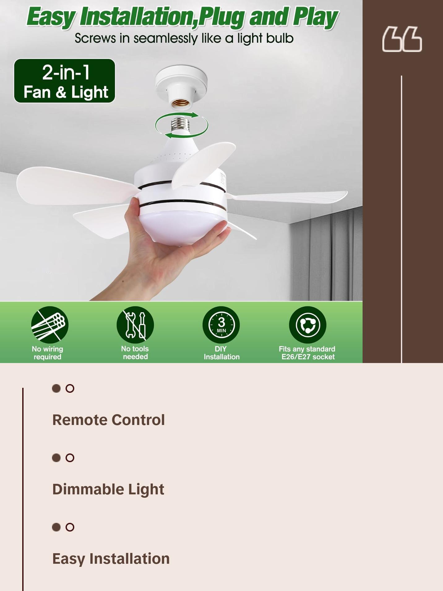 Socket Fan Light +Remote, 2000 Lumens 17.8" E26 Base Screw in Ceiling Fan Dimmbl