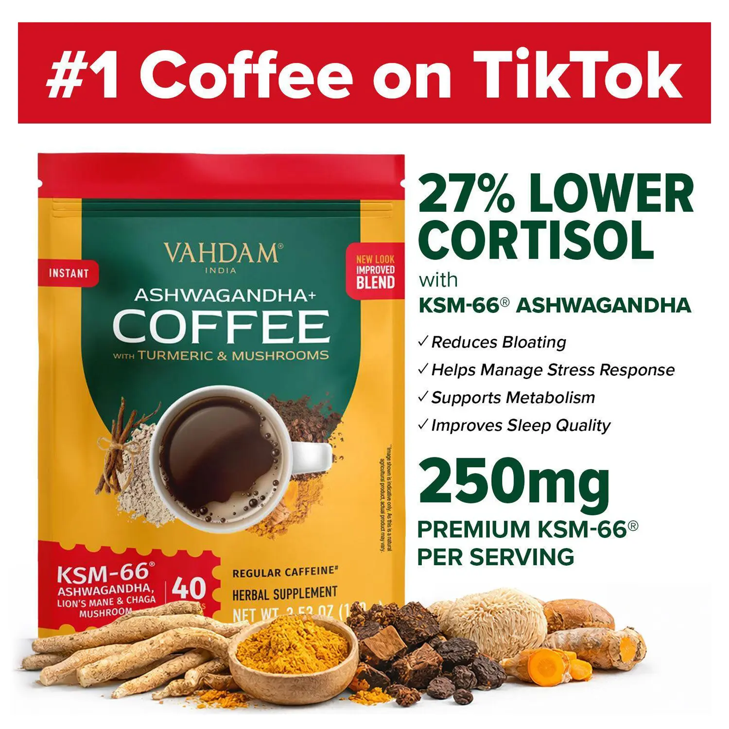 VAHDAM Premium Arabica Blend Instant Coffee Prep Mix - KSM-66 Ashwagandha, 95% Curcuminoids Turmeric, Lion's Mane, Chaga Botanical Extracts - Sugar-Free, 40 Servings, Clean Caffeine for Energy and Focus - Fast Mix-Stir-Sip Convenience
