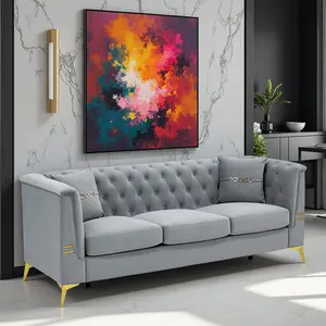 82.68Inch Elegant Chesterfield Sofa 3-Seater with Soft Upholstery Gold-Plated Metal Feet for Modern Living Room