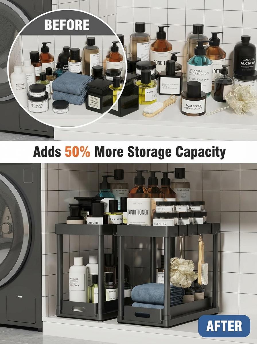 2 Pack Under Sink Organizers and Storage, 2-Tier Sliding Cabinet Organizer Drawer for Bathroom and Kitchen – Multi-Purpose Cabinet Organizer with Easy Pull-Out Design (Black)