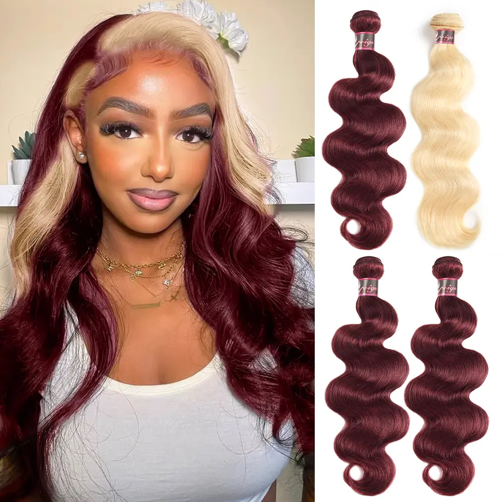 99J Burgundy With 613 Honey Blonde Highlight Body Wave Hair Bundles Raw Hair Bundles 100g/pc Human Hair Extensions