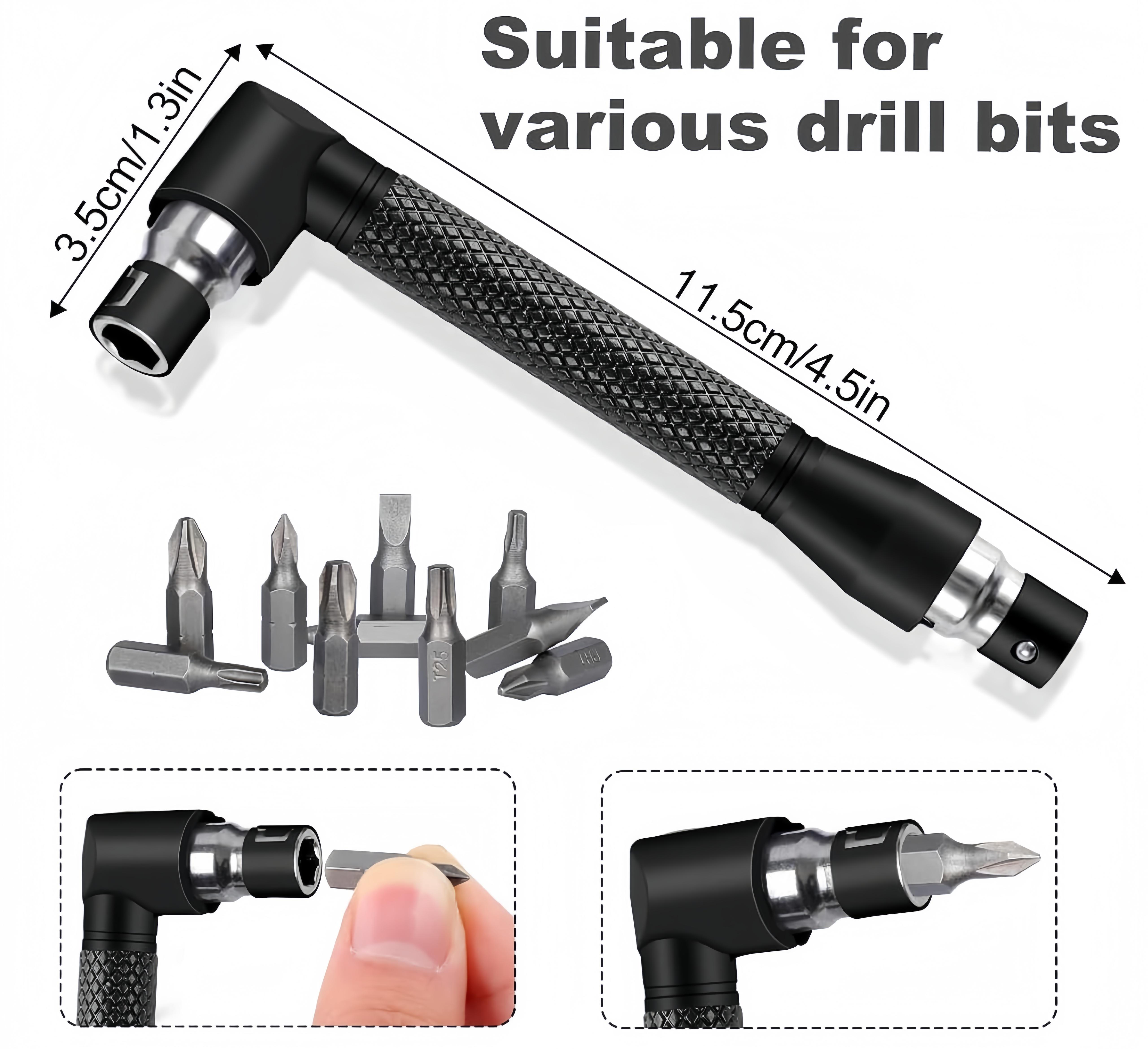 Right-Angle Drill Bit Accessory Set(6pcs), Including 3x 360° Rotatable 1/4", 3/8" & 1/2" Impact-Grade Socket Adapters, 2x 105° Hex Shank Angle Adapters & 90° Right-Angle Drill Bit, Heavy-Duty Tool Kit