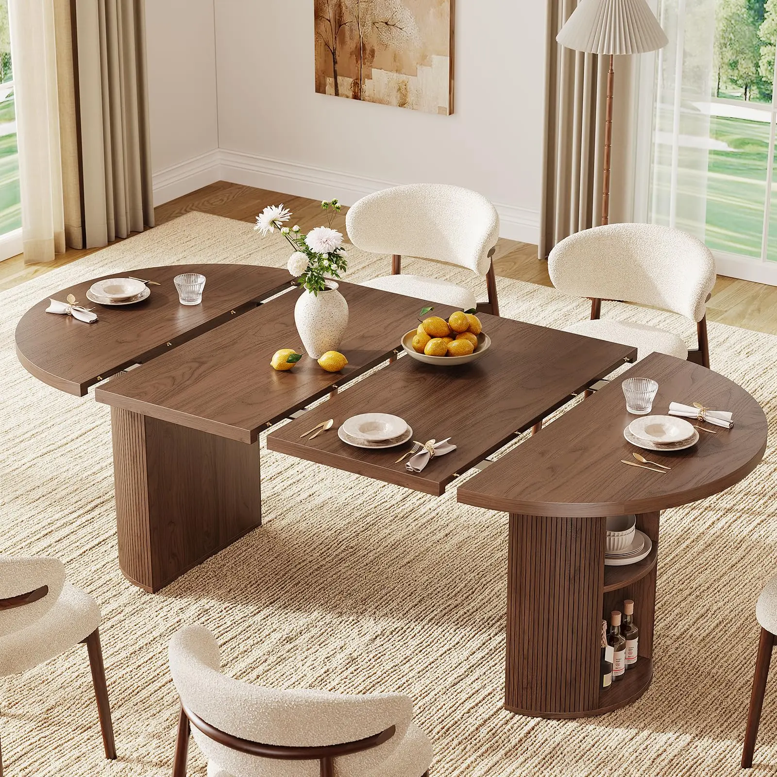 【SohoChic】ONBRILL 41-78 Inch Extendable Dining Table for 4-8, Gorgeous Fluted Expandable Kitchen Table with Storage, 2 Leaf, Mid Century Modern Oval Dinner Tables for Dining Room, Kitchen, Living Room BackToSchool