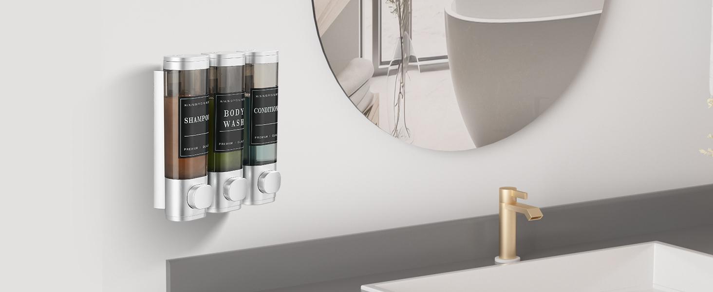 Shampoo and Conditioner Dispenser,Shower Dispenser 3 Chamber No Drill Wall-Mounted Shampoo Dispenser for Shower Wall Mounted Shower Soap Dispenser for Bathroom Hotel Large Capacity,Light Silver