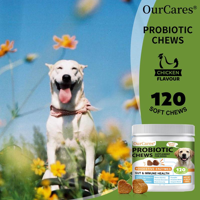 OurCares Pet Probiotic Chewable Tablets with Lactobacillus Acidophilus & Bifidobacterium Lactis for Digestive Health Immunity 120 Soft Chews Chicken Flavor
