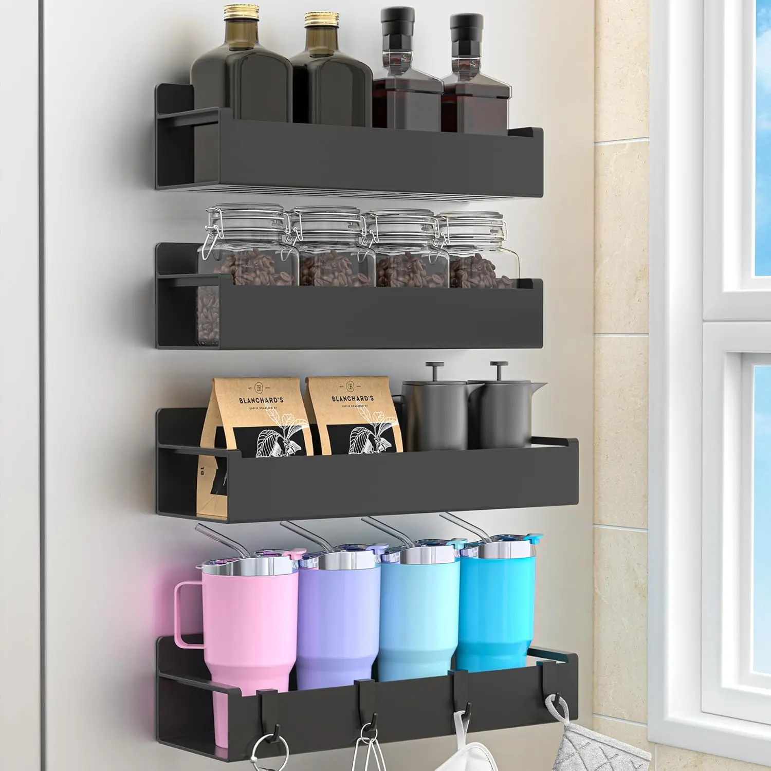 4 Pack Magnetic Spice Rack Organizer for Refrigerator and Oven, Black Fridge Organizers and Storage for Kitchen