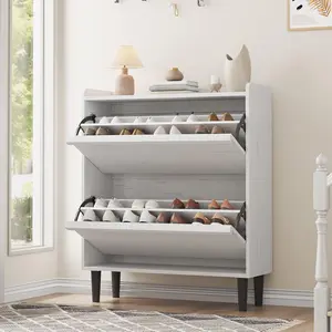 Shoe Cabinet with 2 Flip Drawers, Wooden Hidden Shoe Cabinet with Adjustable Shelf, Freestanding Shoe Organizer Storage for Entryway Hallway, White