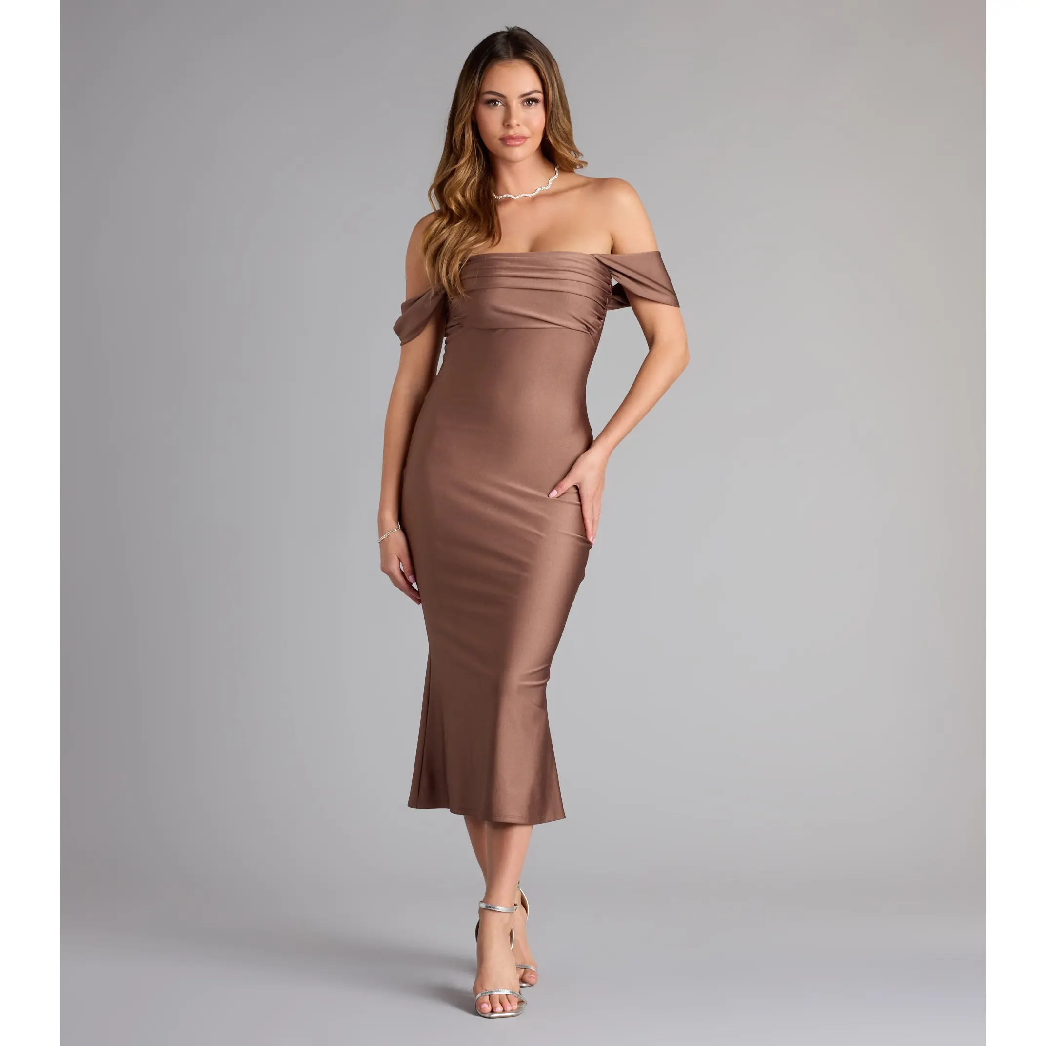 exceptional off the shoulder flared midi dress Windsor Exceptional Off-The-Shoulder Flared Midi Dress