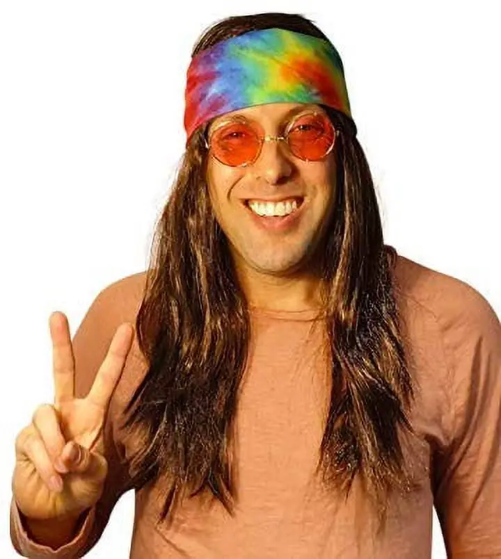 HandinHandCreations Hippie Dark Brown Wig Costume with Tie Dye Bandana 60s 70s Hippy Woodstock Festival Gear