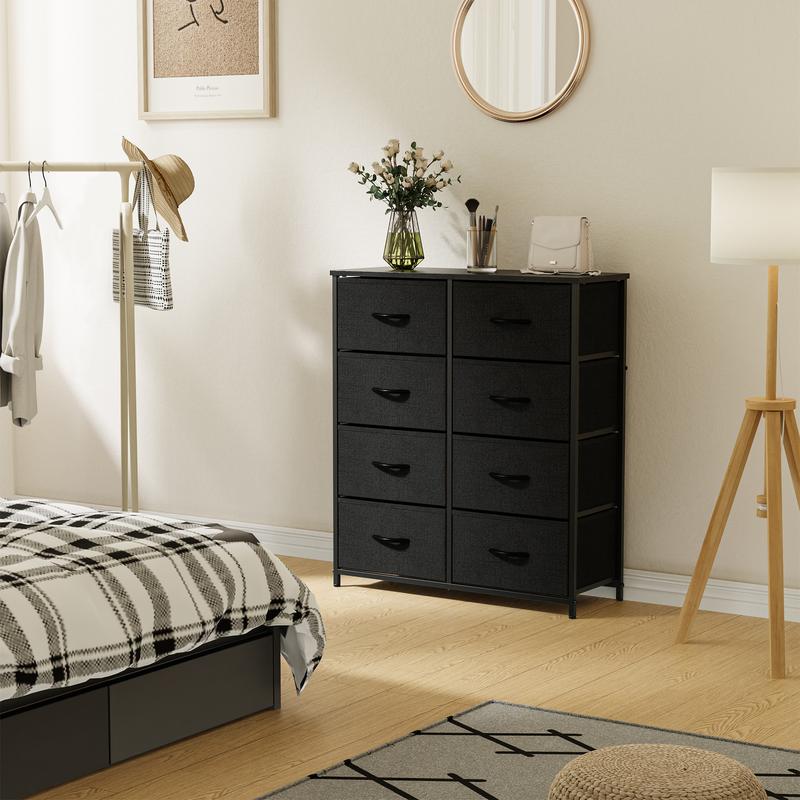 Dresser for Bedroom with 8 Fabric Drawers, Tall Chest Organizer Units for Clothing, Closet, Kidsroom, Storage Tower with Cabinet, Metal Frame, Wooden Top, Lightweight Nursery Furniture