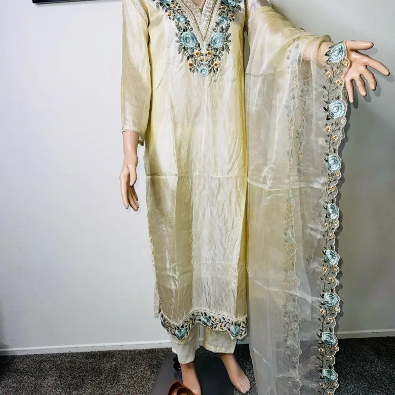 Elegant Cream Embroidered 3-Piece Suit with Organza Dupatta