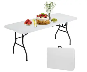 6-Foot Bi-Fold Plastic Folding Table - Heavy Duty Portable Utility Table with Carrying Handle for Indoor/Outdoor, Camping, Party & Dining (White)
