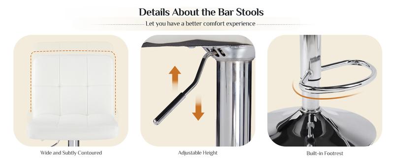 Sweet Furniture F Bar Stools Set of 2, PU Leather Adjustable Swivel Barstools, Armless Hydraulic Kitchen Counter Height Bar Stools, Thickened Seat Cushion Square Island Barstools with Back