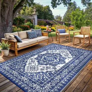 Large Outdoor Rug Vintage Floral Print Patio Rug Double-Sided Reversible Plastic Straw Mat Foldable and Portable for Gardens Backyards Balconies Picnics Beaches and RVs