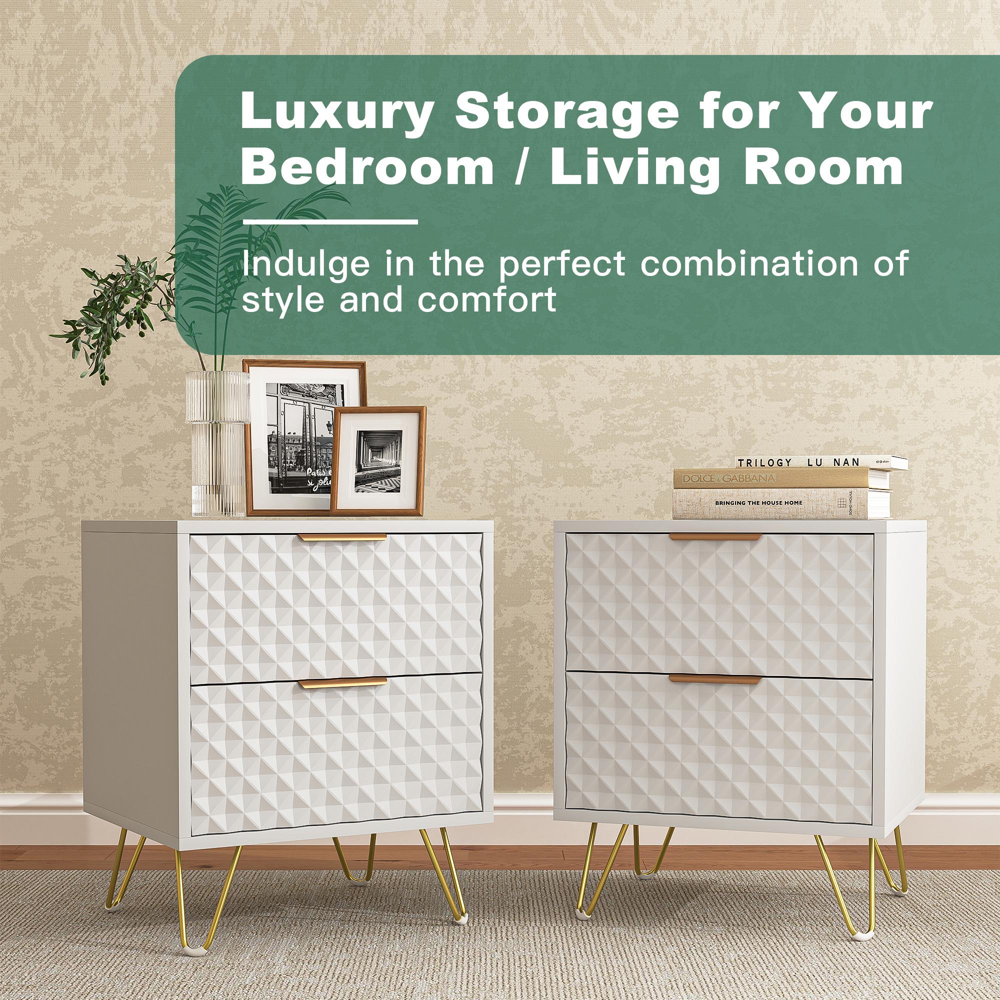 Spaco Nightstands  Set of 2, Side Table with 2 Rhombus-Shaped Decorated Drawers, End Table with Gold Legs and Handles, Wood Accent Table with Storage for Bedroom, White, 2 pcs