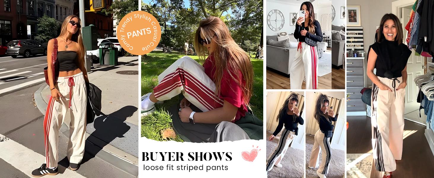 Kingapril Women's Wide Leg Pants Drawstring High Rise Side Striped Slouchy Palazzo Pants with Pockets Wideleg Womenswear