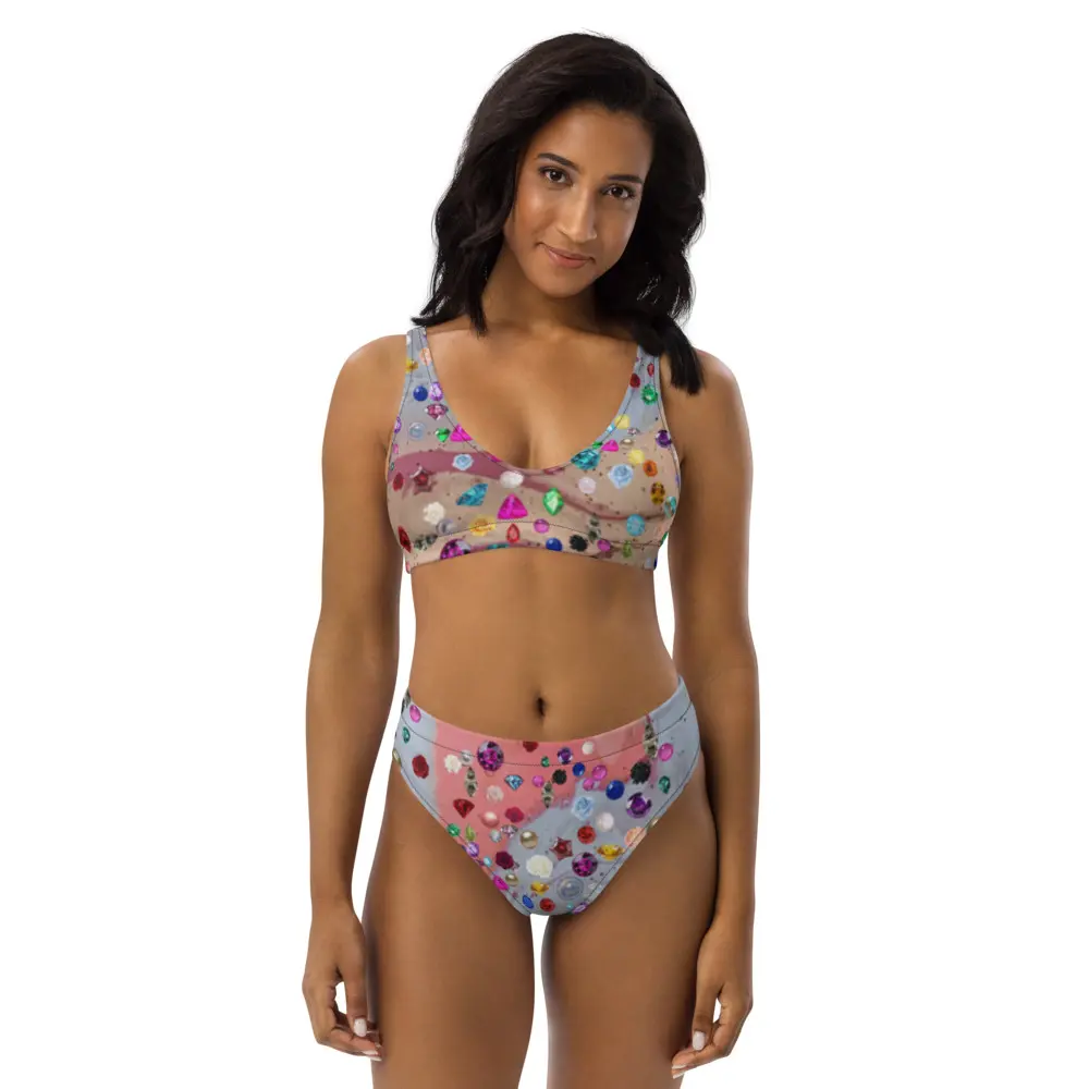Women's Jeweled High-Waisted Bikini Sets - Recycled Poly Fabric, Removable Pads, Jewel Print Women's Swim Underwear, Underwear For Women