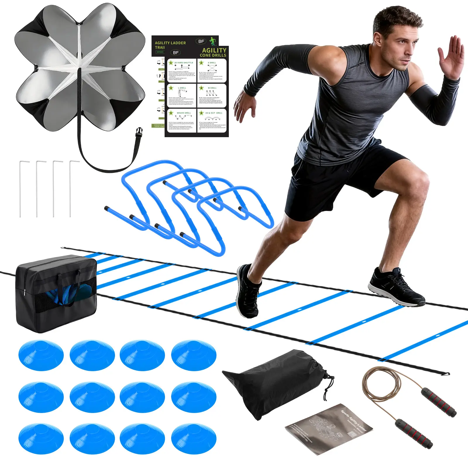 【Summer Sale】Soccer Agility Training Equipment Set- 20 ft Speed Ladder, 12 Soccer Cones, 4 Agility Hurdles, Jump Rope, Resistance Parachute Speed Training Equipment for Kids, Youth, Adults