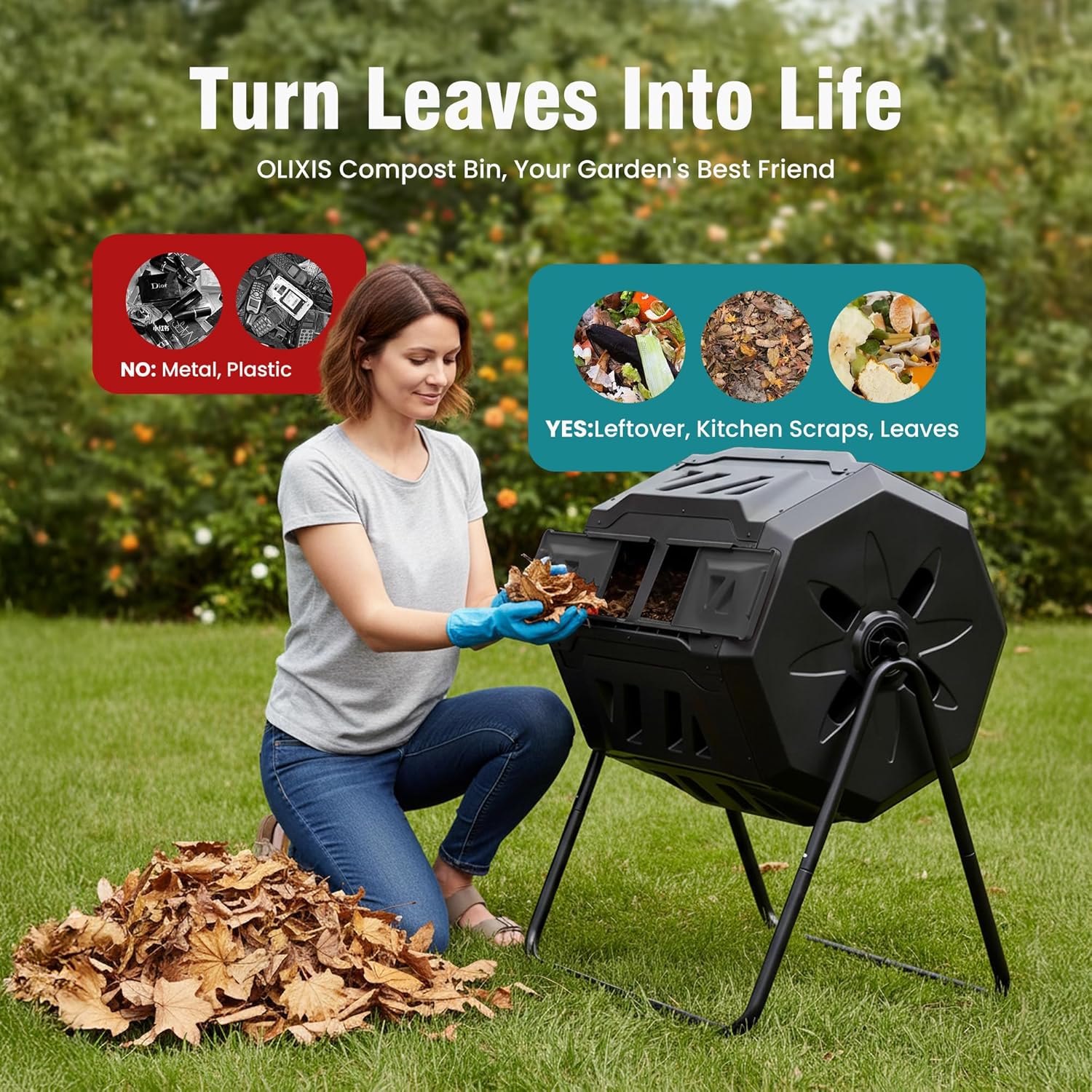 Compost Bin Outdoor 43 Gallon, Dual Chamber Composter Tumbler Outdoor ...