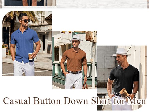 COOFANDY Mens Knit Button Down Shirt Short Sleeve Summer Casual Shirts Vintage Beach Vacation Shirts